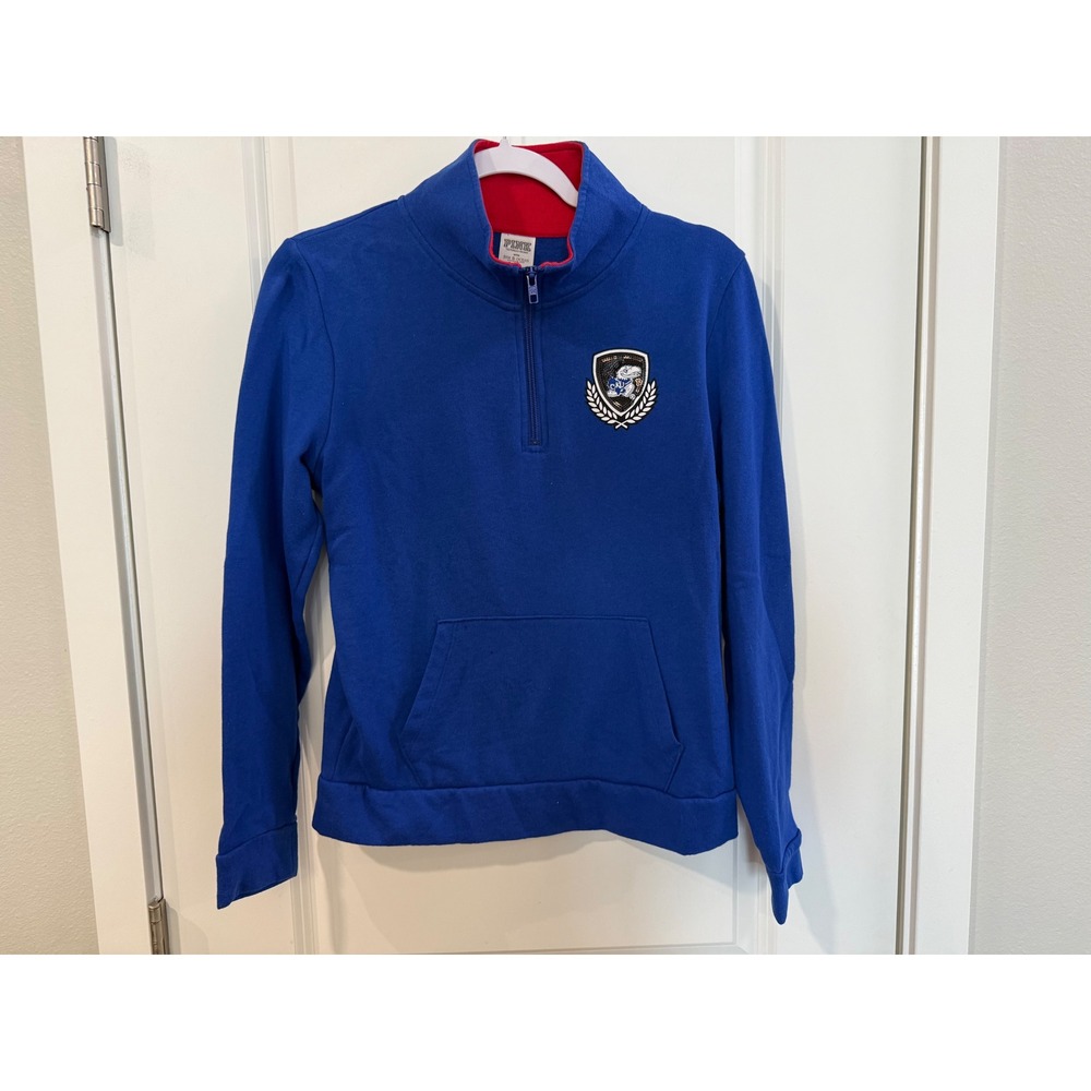 PINK Victoria's‎ Secret Kansas Jayhawks Quarter Zip Pullover Blue Small KU Crest